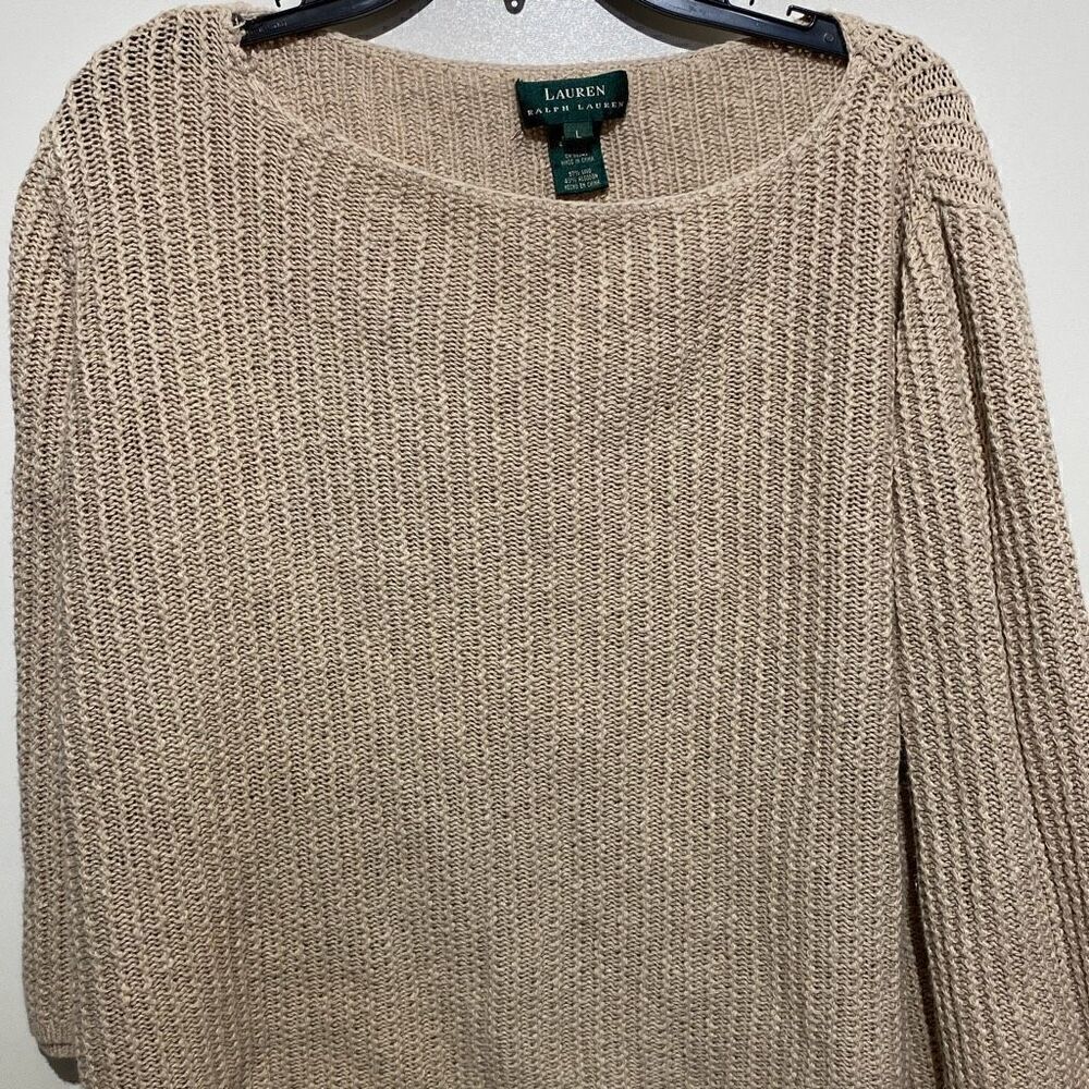 Lauren Ralph Lauren Tan Linen Cotton Blend Open Knit Boat Neck Sweater Large